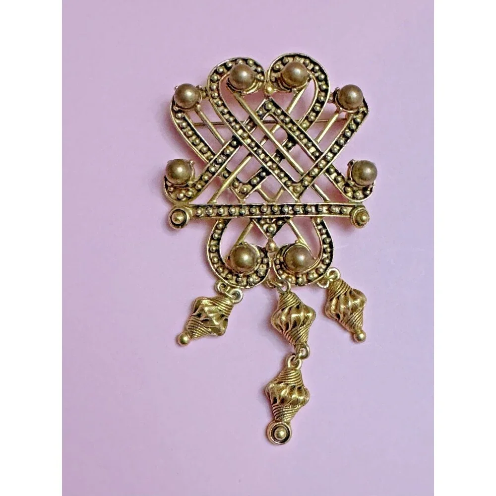 Florenza Vintage Gold Tone Dangle Brooch 3” Celtic Knot Heart Filigree Pin